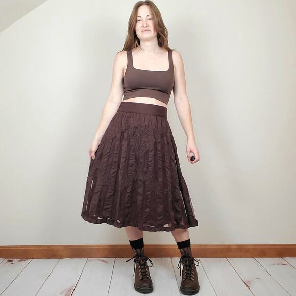 Anthropologie Dresses & Skirts - Anthropologie Ipsa Embroidered Tulle Midi Skirt Chocolate Brown 2